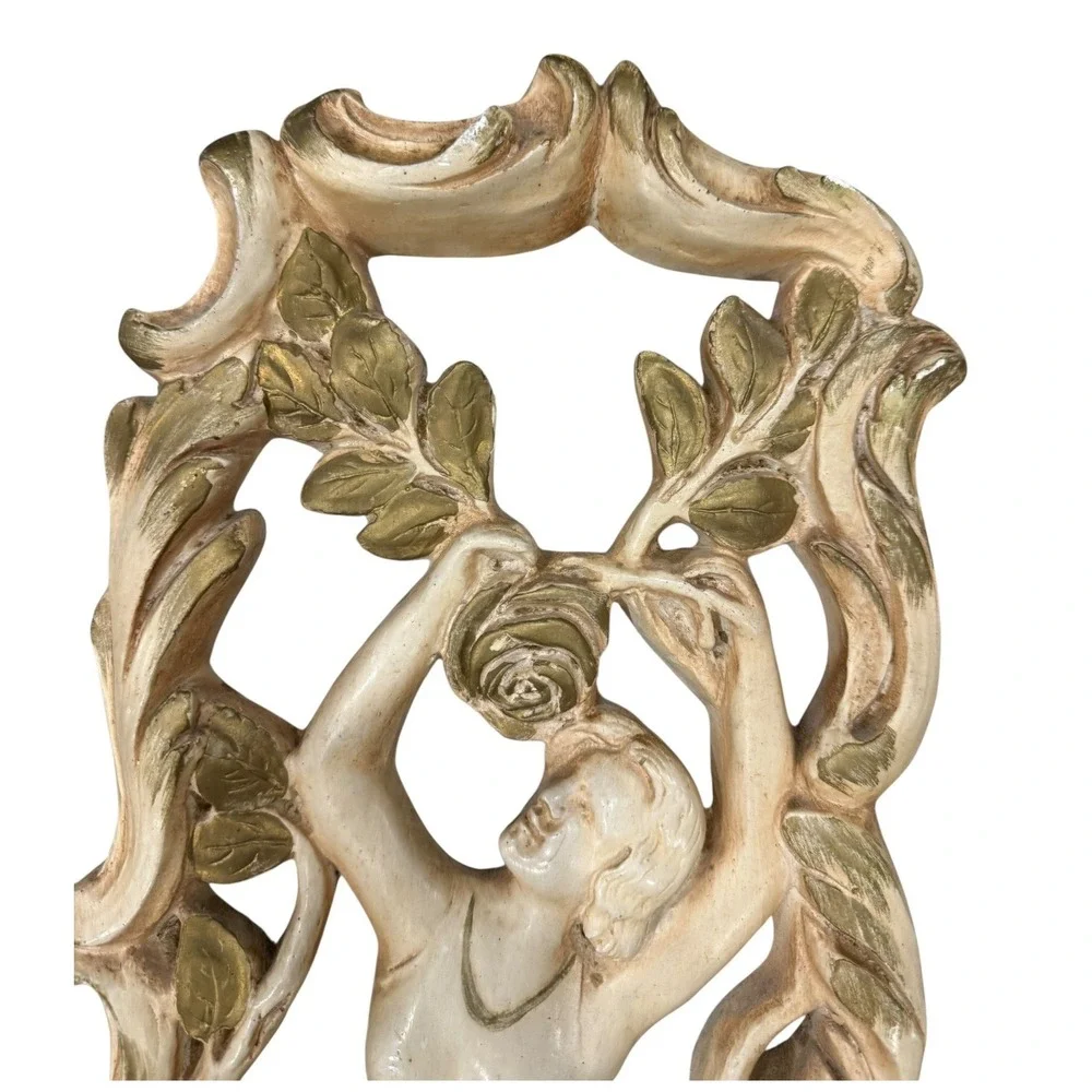 Vintage 70s Art Nouveau Wall Plaques Summer Winter Ivory Gold Plaster Panel Set
